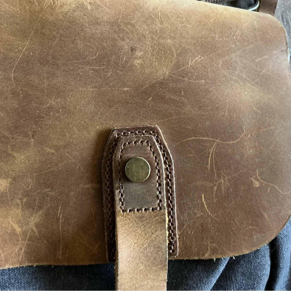 Messenger Bag VASCHY Brown Leather Denim Canvas Computer Pockets Crossbody Tote